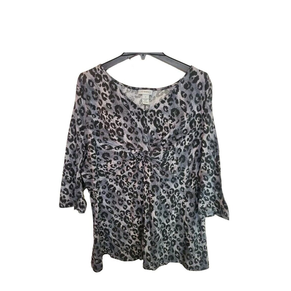 Catherines Black Leopard Print Twist Front 3/4 Sleeve Top Womans Plus Size 3X